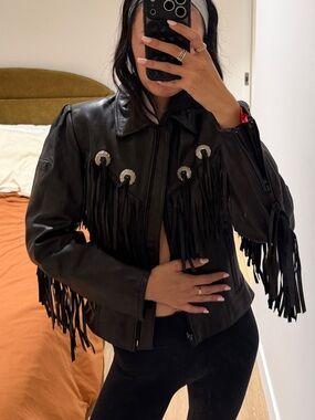 Black Fringe Leather Jacket - Women